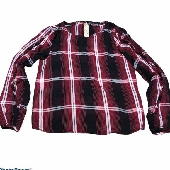 Anthro Sanctuary Zinfandel Red Plaid Ruffle Blouse - Picture 3 of 8